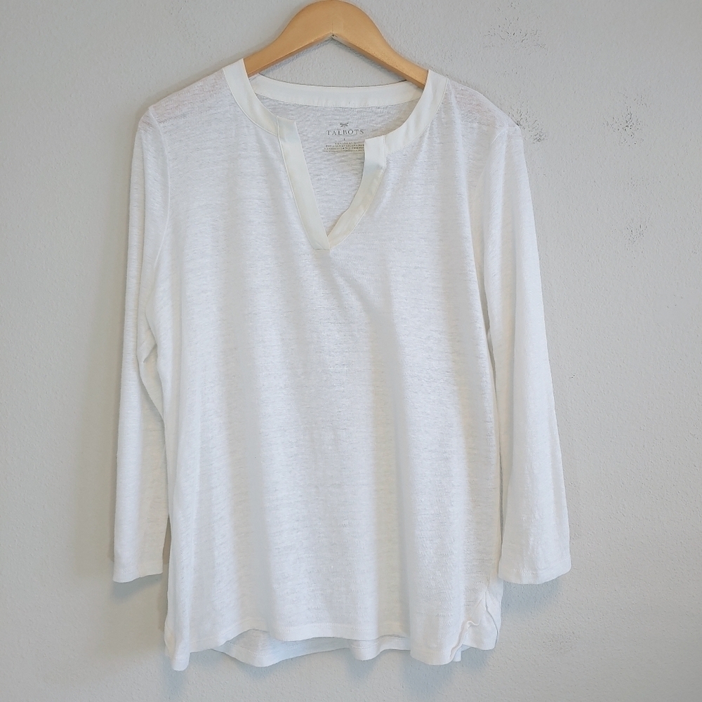 Talbots Soft White Linen Top Sz L Summer Beachy Relaxed Pullover
